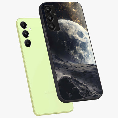 Lunar Horizon Glow Glass Case displayed in angled mockup highlighting celestial moon design with dreamy night aesthetic.