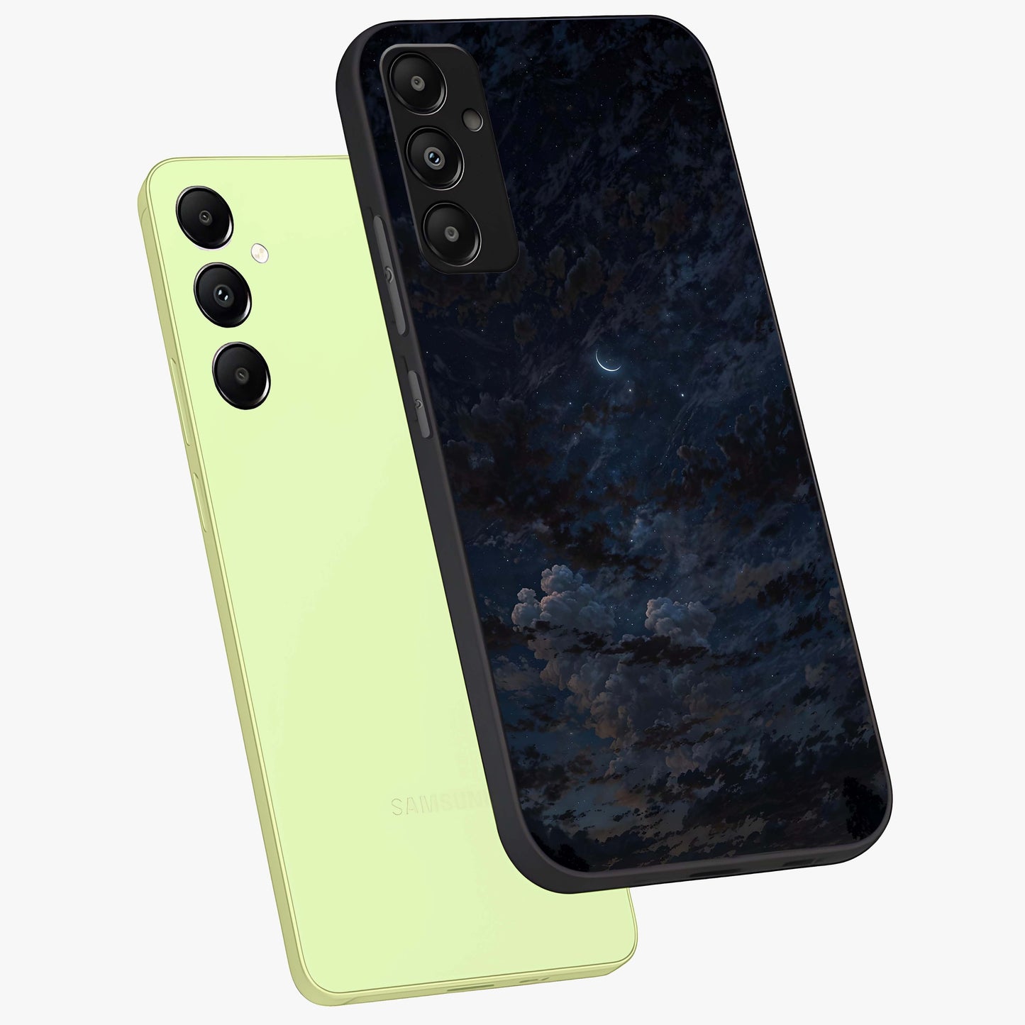 Lunar Veil Silence Glass Case displayed in angled mockup highlighting soft lunar design with peaceful celestial aesthetic.