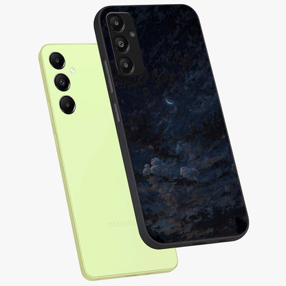 Lunar Veil Silence Glass Case displayed in angled mockup highlighting soft lunar design with peaceful celestial aesthetic.