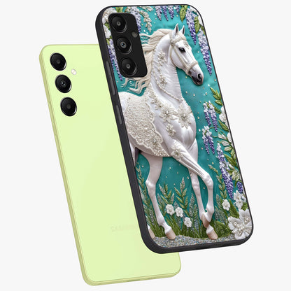 Majestic Floral Stallion Glass Case displayed in angled mockup highlighting majestic stallion illustration with elegant floral aesthetic.