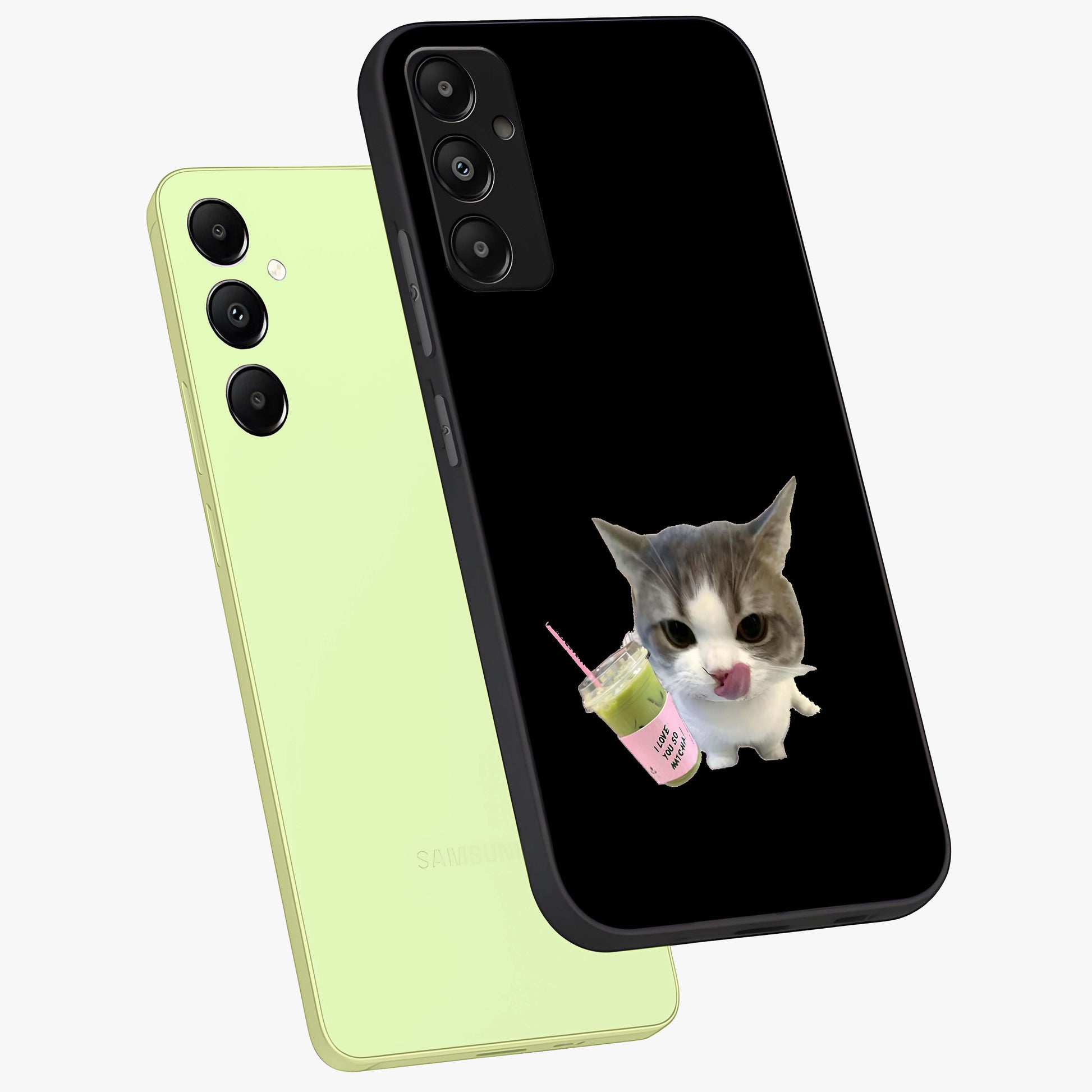 Matcha Cat Style Glass Case displayed in angled mockup highlighting playful feline design with pastel matcha aesthetic.