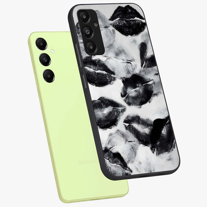 Midnight Kiss Marks Glass Case displayed in angled mockup highlighting playful romantic design with bold midnight aesthetic.