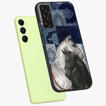 Midnight Stallion Blues Glass Case displayed in angled mockup highlighting powerful stallion illustration with deep midnight tones.