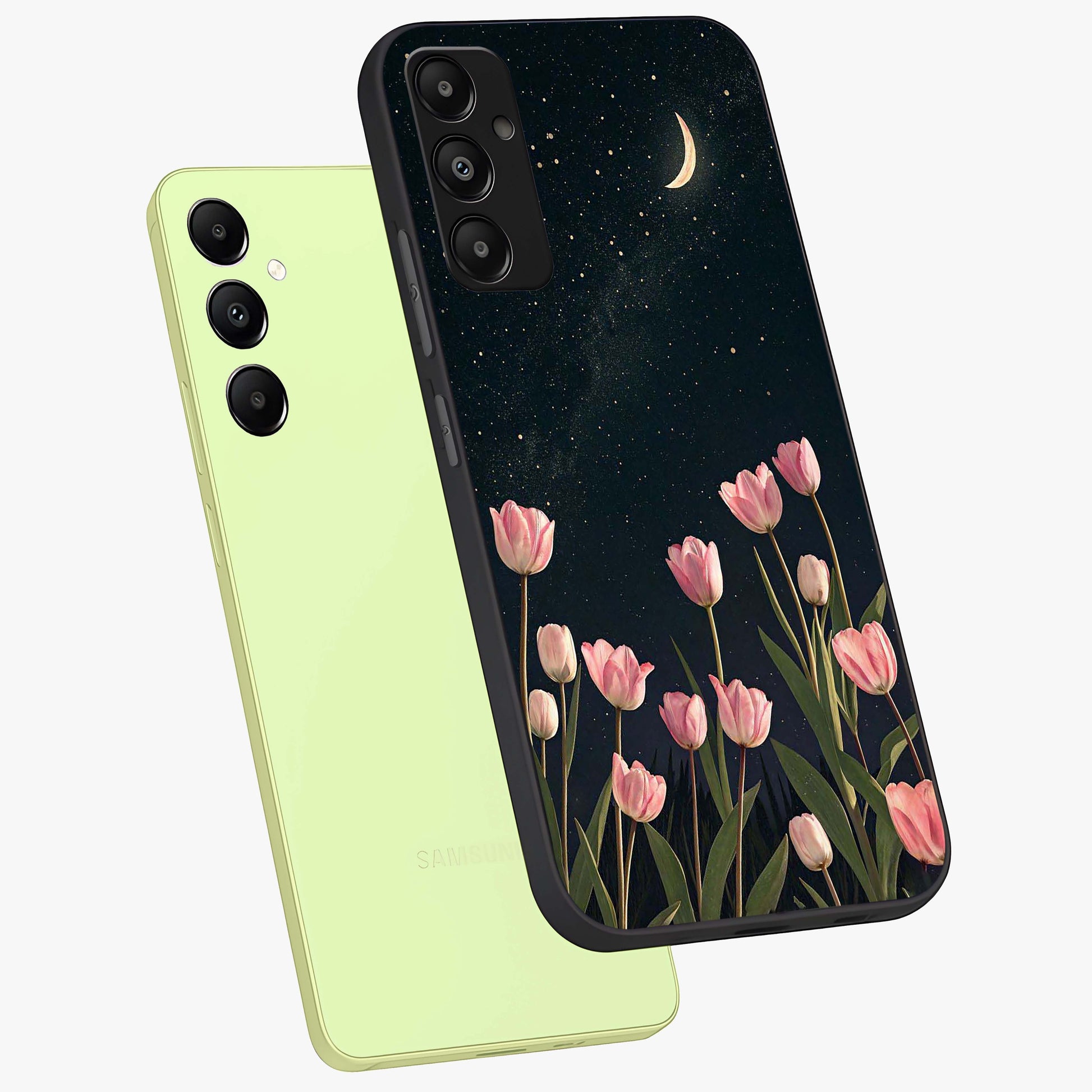 Midnight Tulip Whispers Vibe Glass Case displayed in angled mockup highlighting delicate tulip design with midnight floral aesthetic.