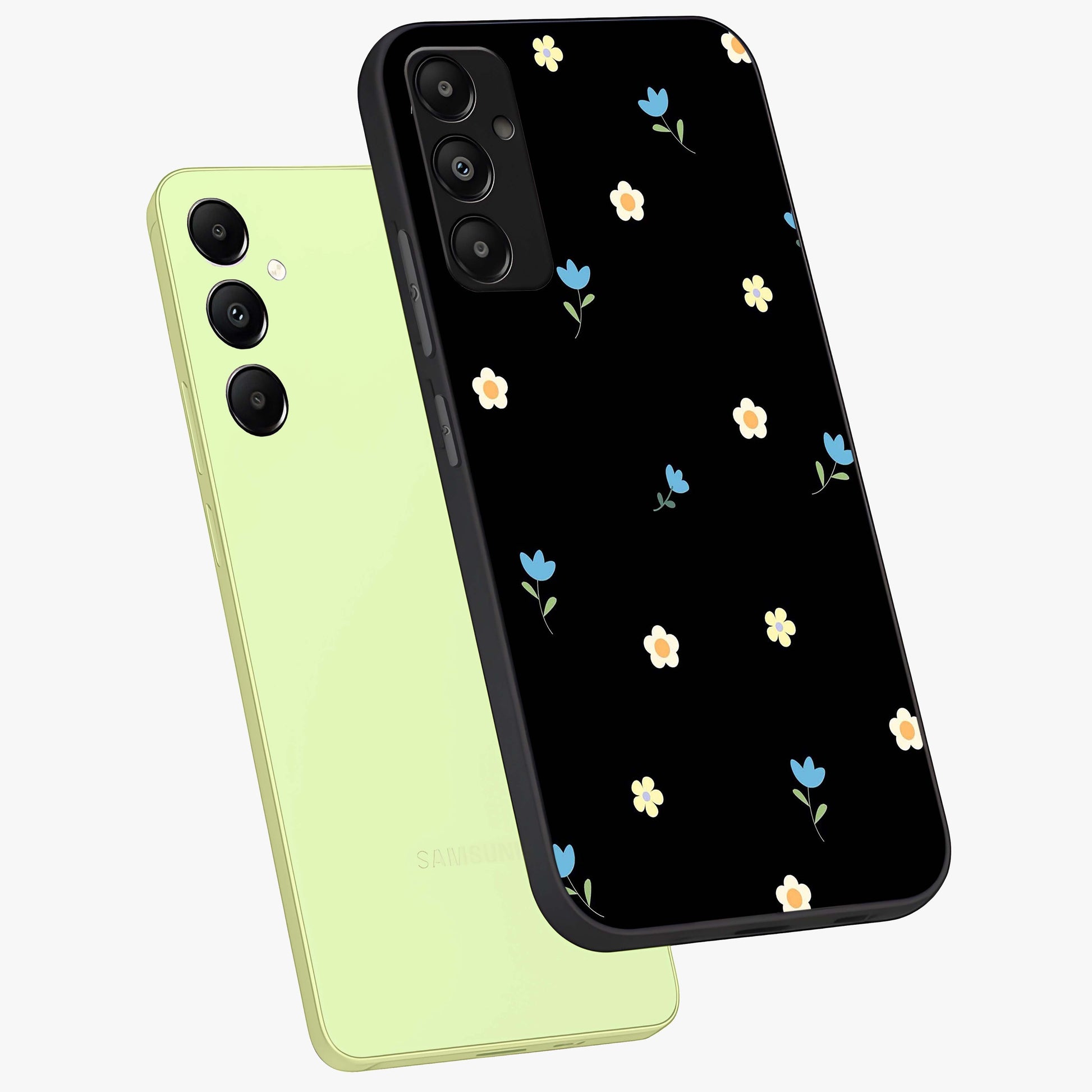 Minimal Petal Whispers Glass Case displayed in angled mockup highlighting delicate petal design with clean minimal aesthetic.