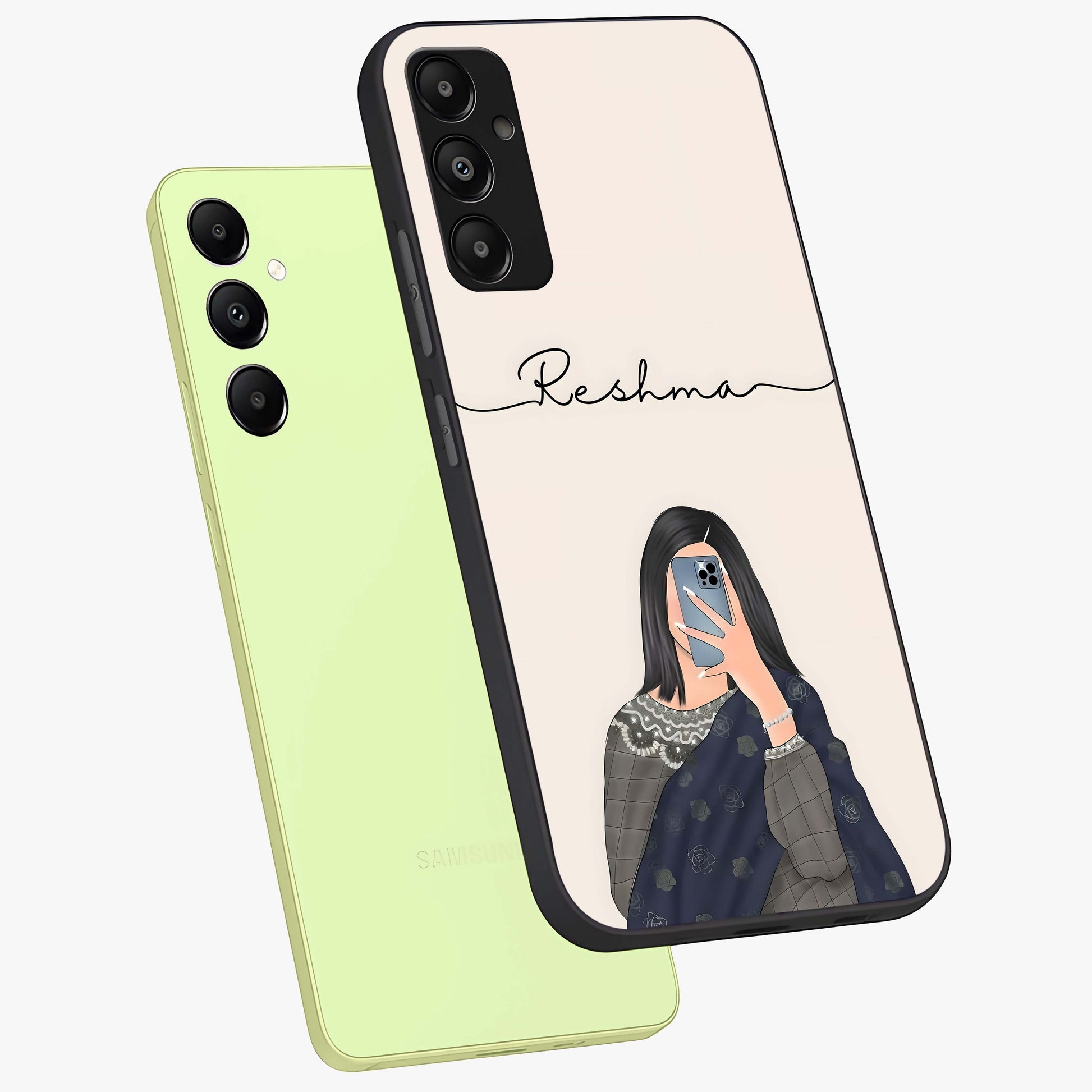Mirror Mood Muse With Custom Name Glass Case displayed in angled mockup highlighting aesthetic mirror inspired design with custom name feature.
