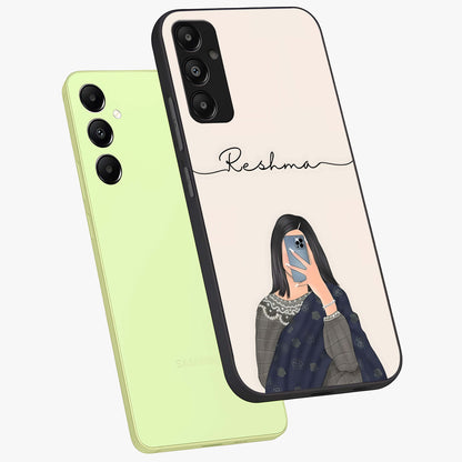 Mirror Mood Muse With Custom Name Glass Case displayed in angled mockup highlighting aesthetic mirror inspired design with custom name feature.