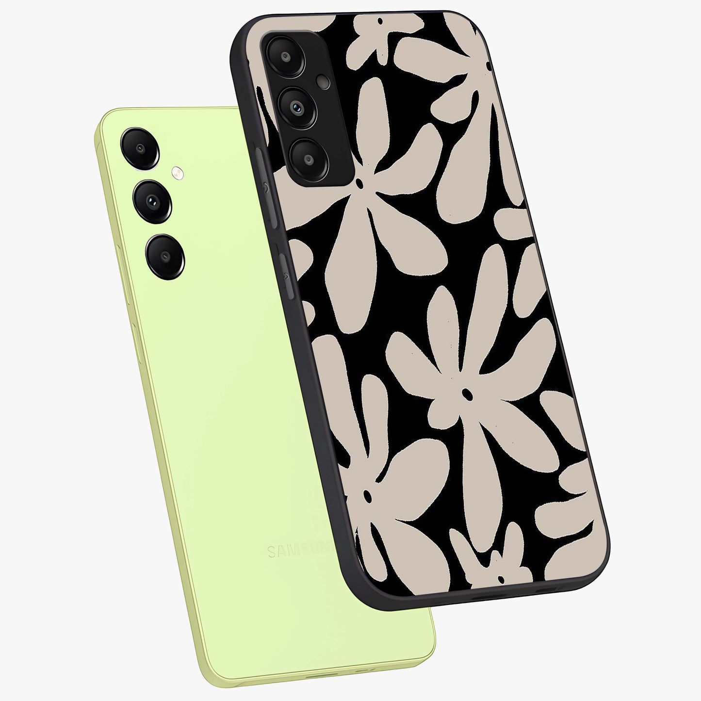 Monochrome Petal Dance Glass Case displayed in angled mockup highlighting elegant petal design with black and white aesthetic.