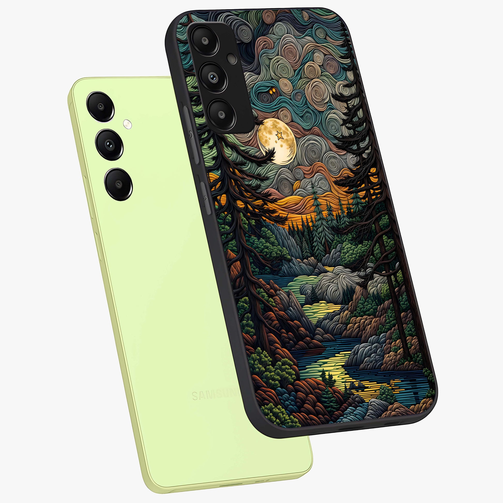 Moonlight Forest Dream Glass Case displayed in angled mockup highlighting dreamy forest design with glowing moon aesthetic.