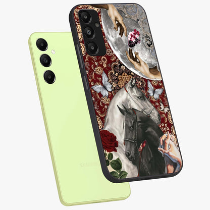 Moonlit Royal Stallion Glass Case displayed in angled mockup highlighting powerful stallion illustration with royal night aesthetic.