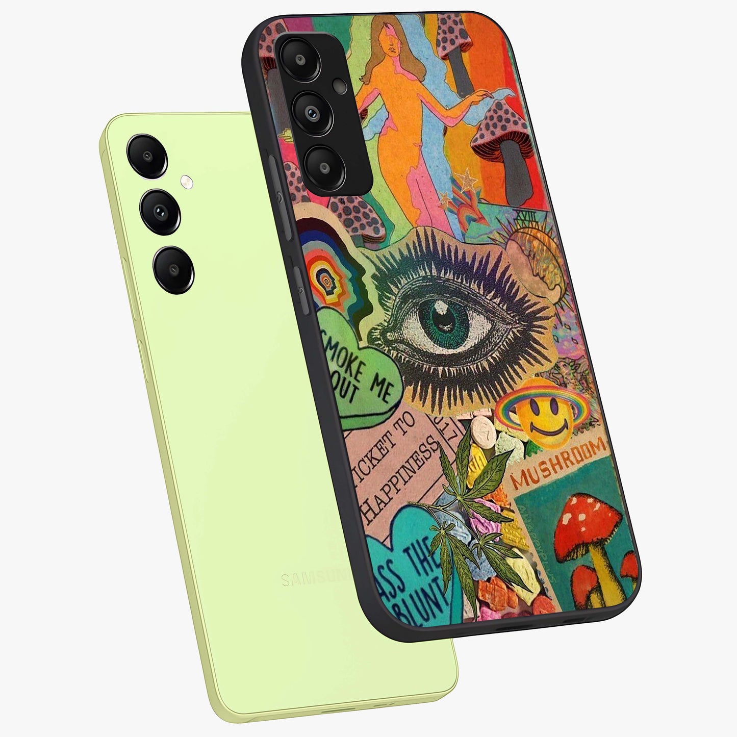 Mystic Eye Wonderland Glass Case displayed in angled mockup highlighting magical eye illustration with dreamy aesthetic.