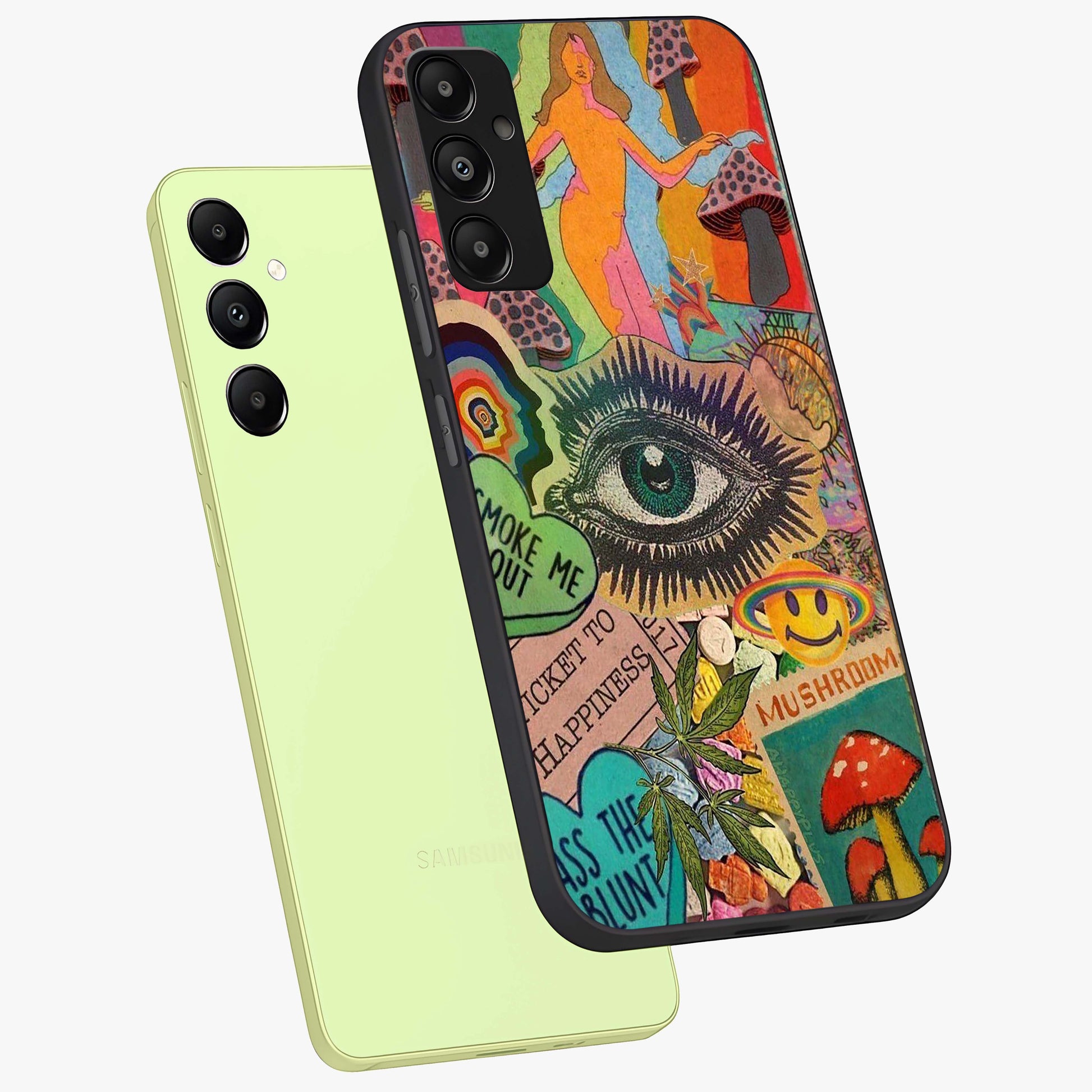 Mystic Eye Wonderland Glass Case displayed in angled mockup highlighting magical eye illustration with dreamy aesthetic.