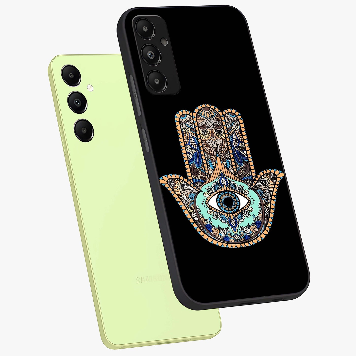 Mystic Hamsa Eye Glass Case displayed in angled mockup highlighting spiritual hamsa symbol with mystical aesthetic style.