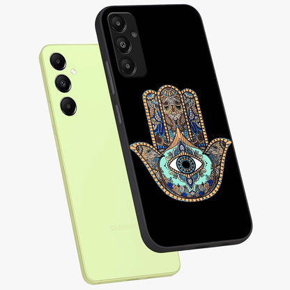 Mystic Hamsa Eye Glass Case displayed in angled mockup highlighting spiritual hamsa symbol with mystical aesthetic style.