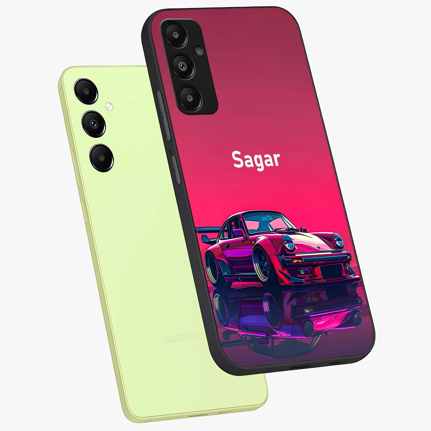 Neon Pink Porsche Glass Case displayed in angled mockup highlighting sleek neon pink car design with racing aesthetic.