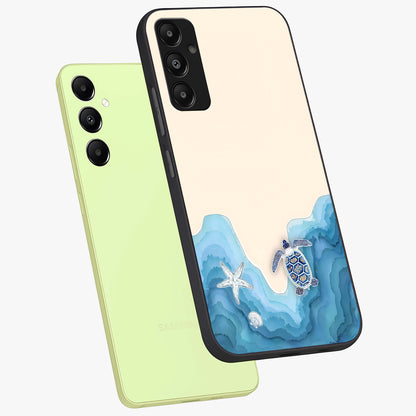 Ocean Drift Turtle Glass Case displayed in angled mockup highlighting peaceful ocean turtle illustration with marine aesthetic.