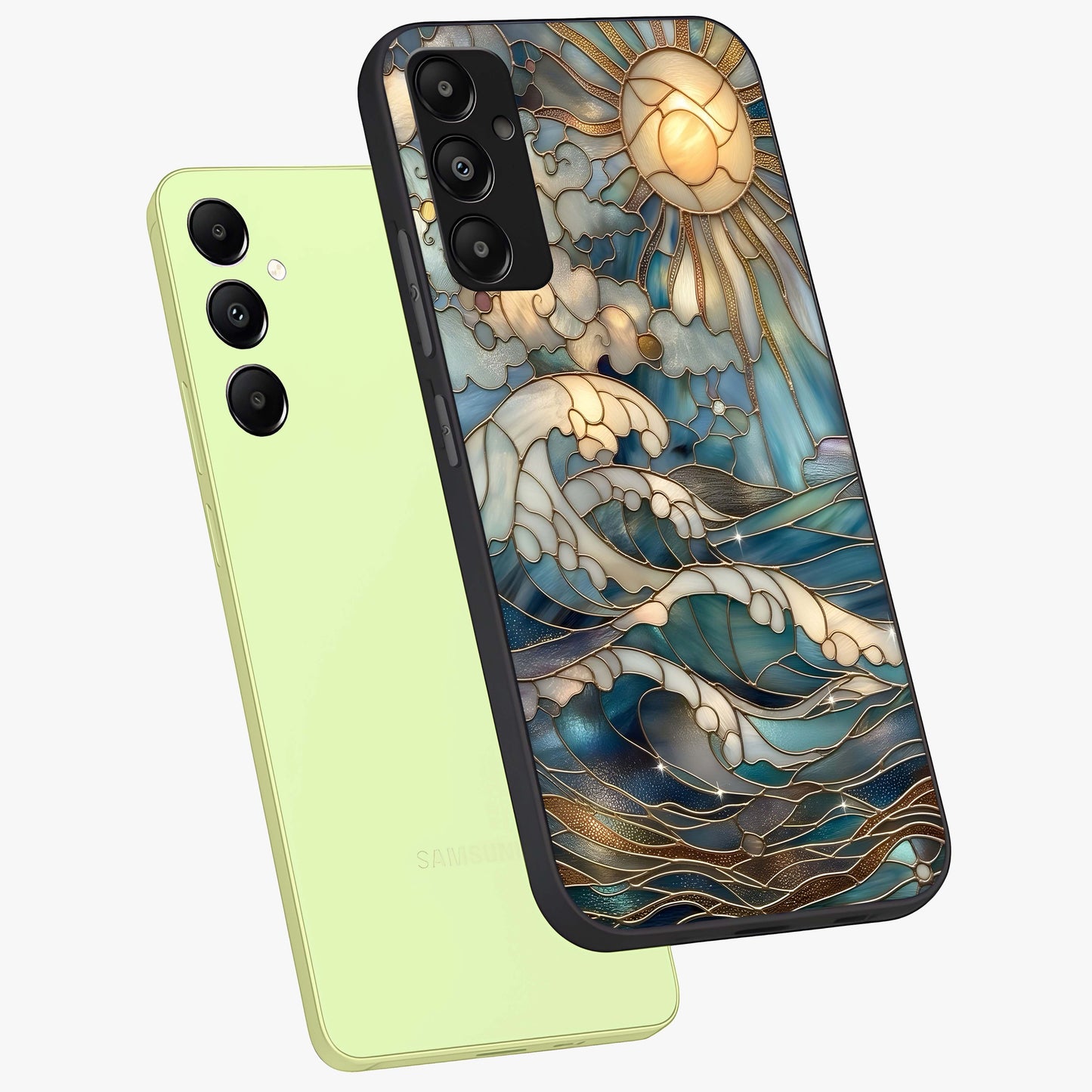 Oceanic Stained Printed Glass Case displayed in angled mockup highlighting colorful aquatic design with artistic aesthetic style.