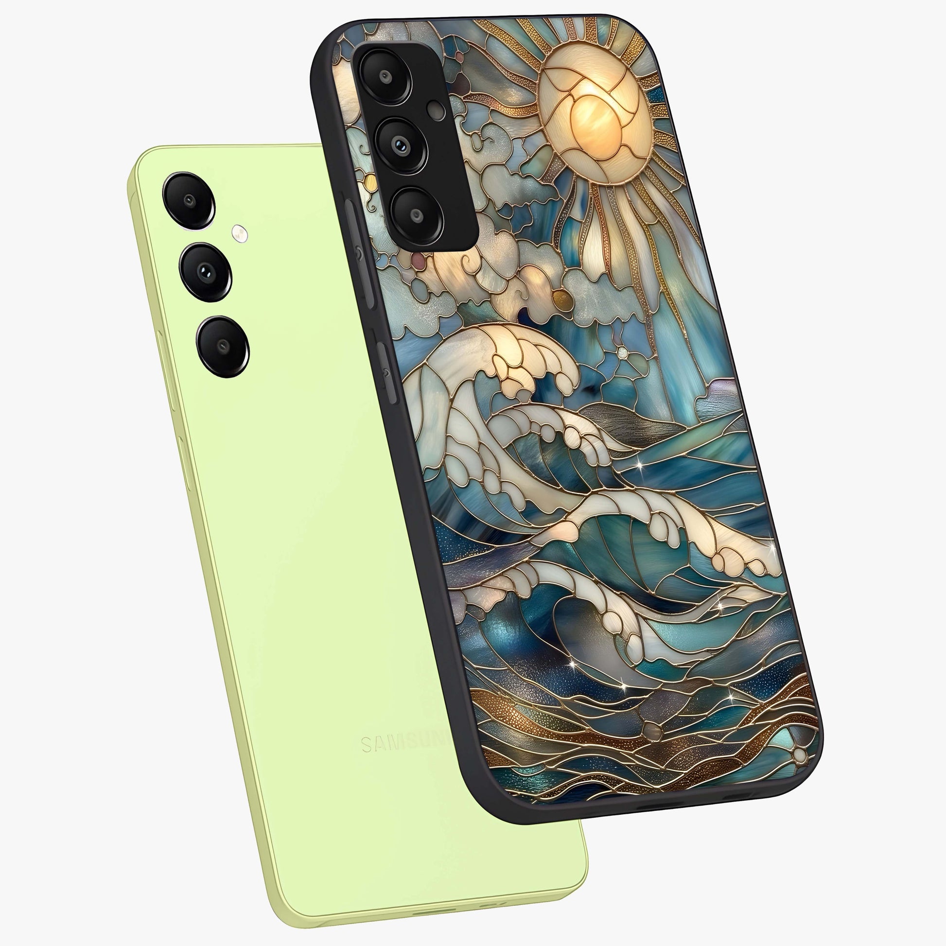 Oceanic Stained Printed Glass Case displayed in angled mockup highlighting colorful aquatic design with artistic aesthetic style.
