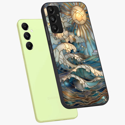 Oceanic Stained Printed Glass Case displayed in angled mockup highlighting colorful aquatic design with artistic aesthetic style.