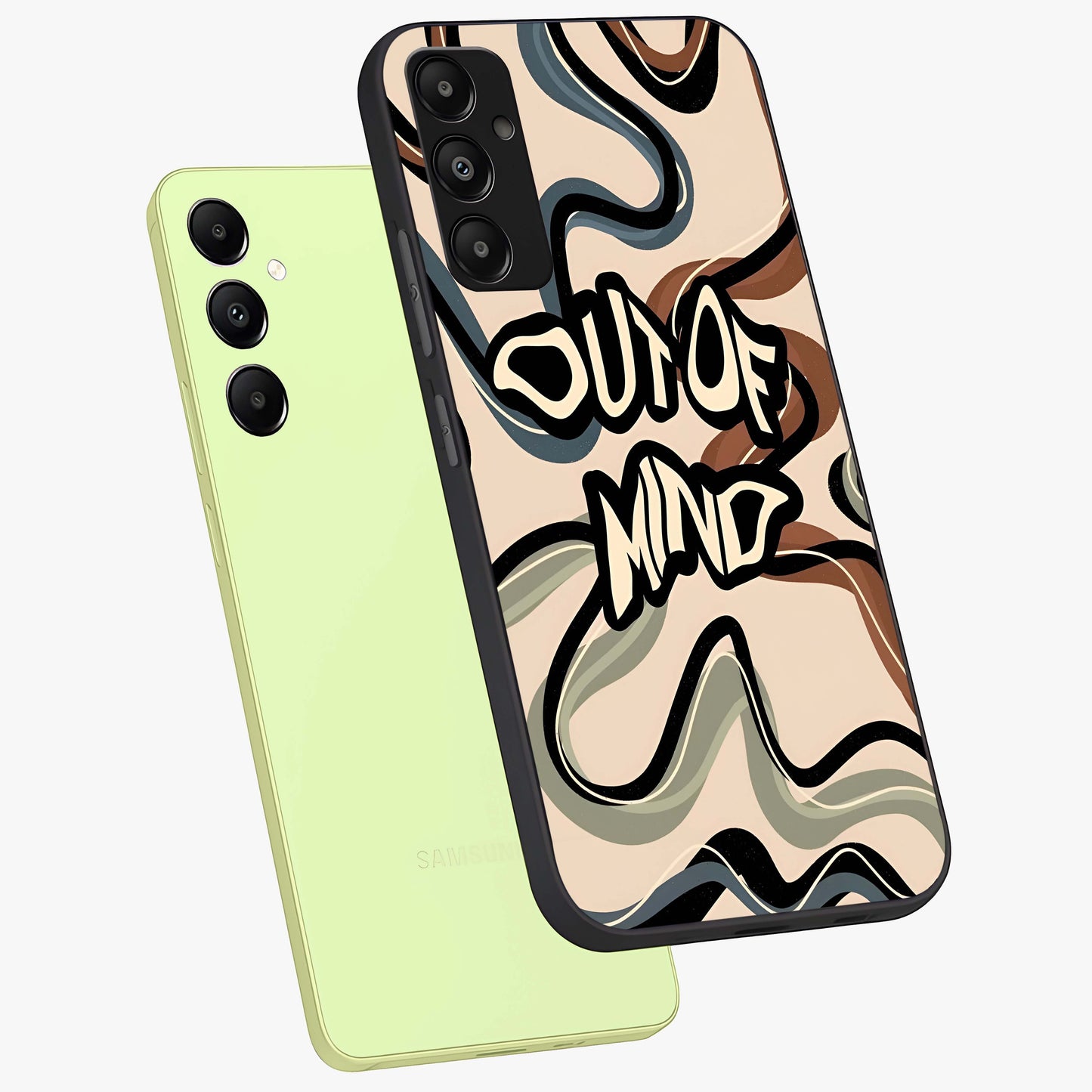 Out Of Mind Glass Case displayed in angled mockup highlighting bold statement design with modern artistic aesthetic.