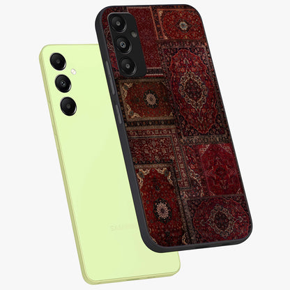 Persian Velvet Tale Glass Case displayed in angled mockup highlighting ornate textile inspired design with royal aesthetic.