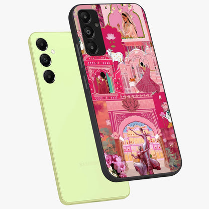 Pink Palace Muse Glass Case displayed in angled mockup highlighting dreamy palace illustration with soft pink aesthetic.
