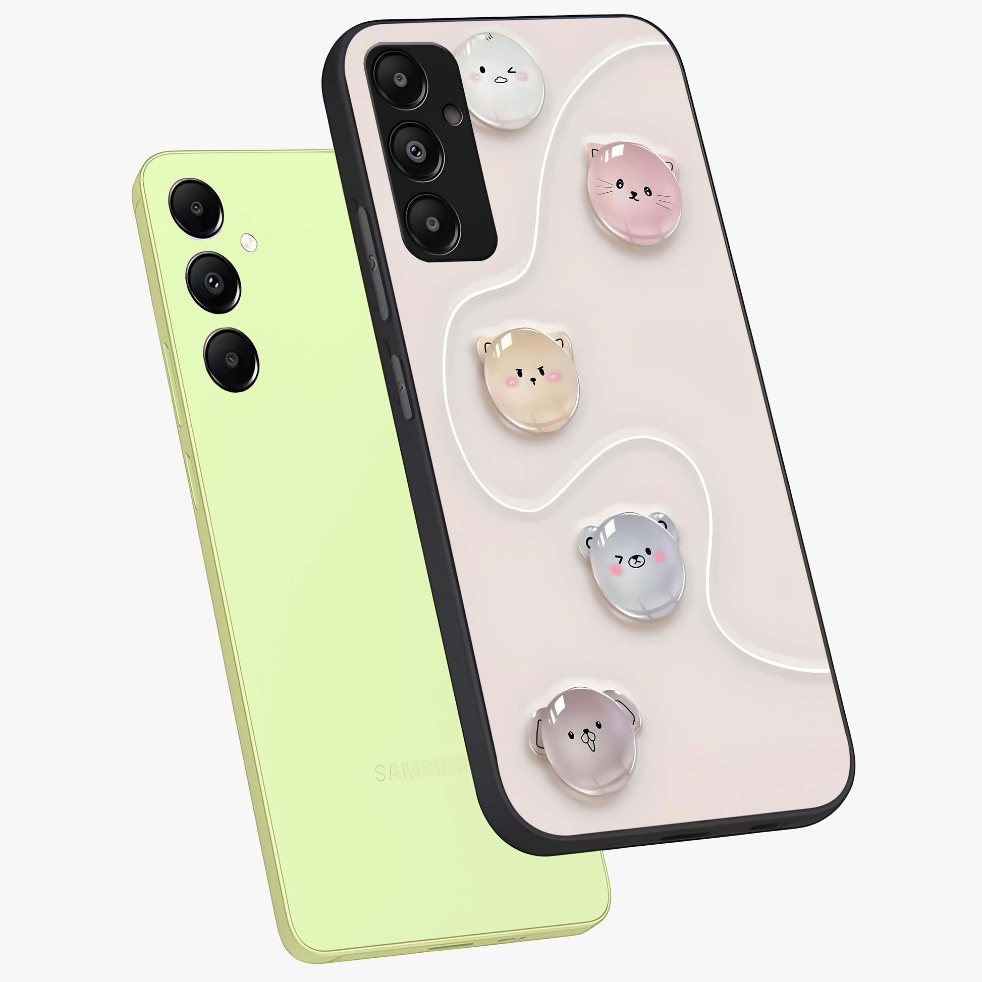 Puffy Face Parade Glass Case displayed in angled mockup highlighting playful cartoon face design with fun aesthetic.