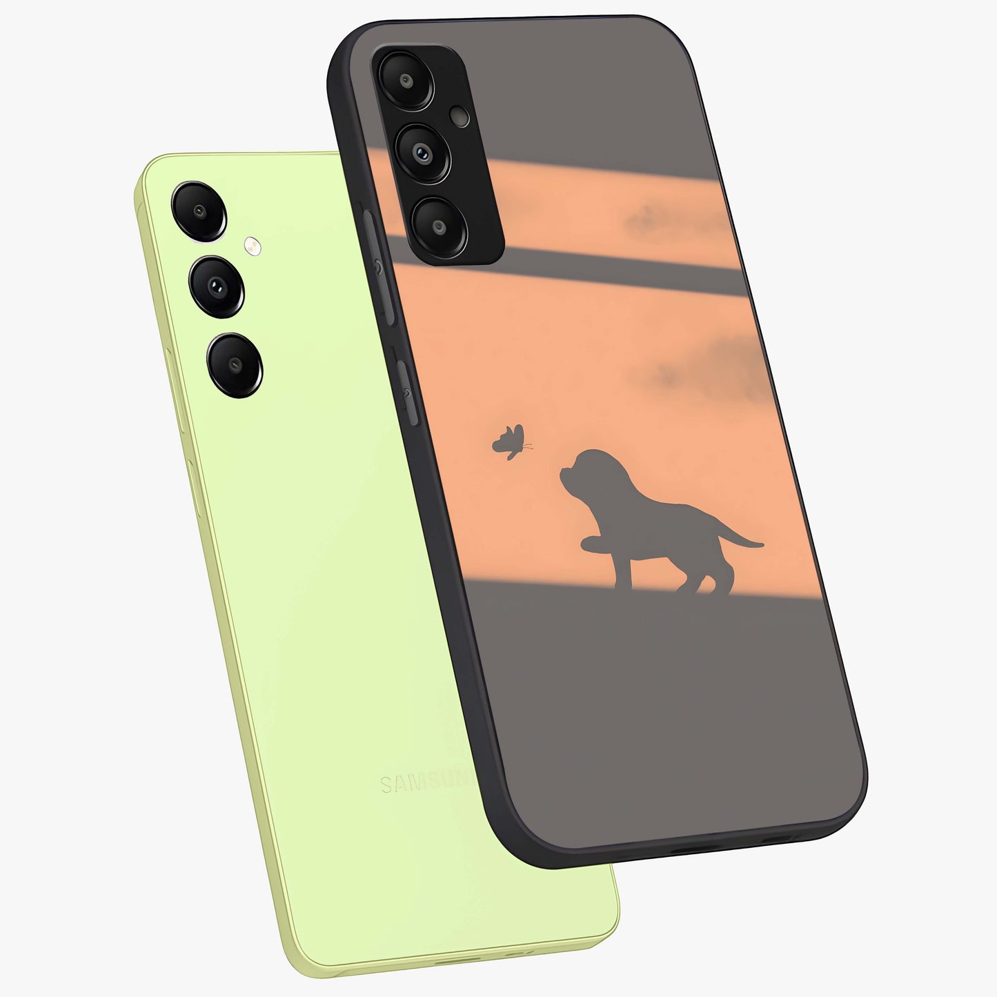 Puppy Shadow Art Glass Case displayed in angled mockup highlighting playful dog illustration with artistic shadow aesthetic.