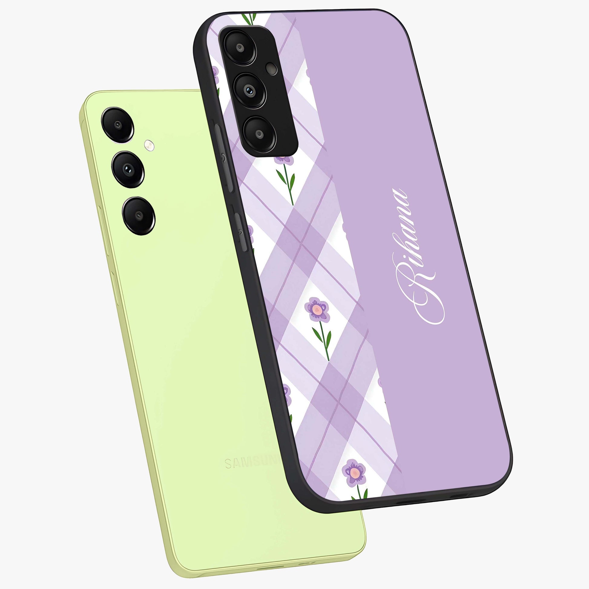 Purple Diamond Floral Glass Case displayed in angled mockup highlighting elegant purple flower design with decorative pattern.