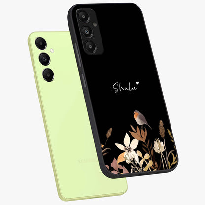 Quiet Garden Tune Custom Name Glass Case displayed in angled mockup highlighting delicate floral garden design with custom name feature.
