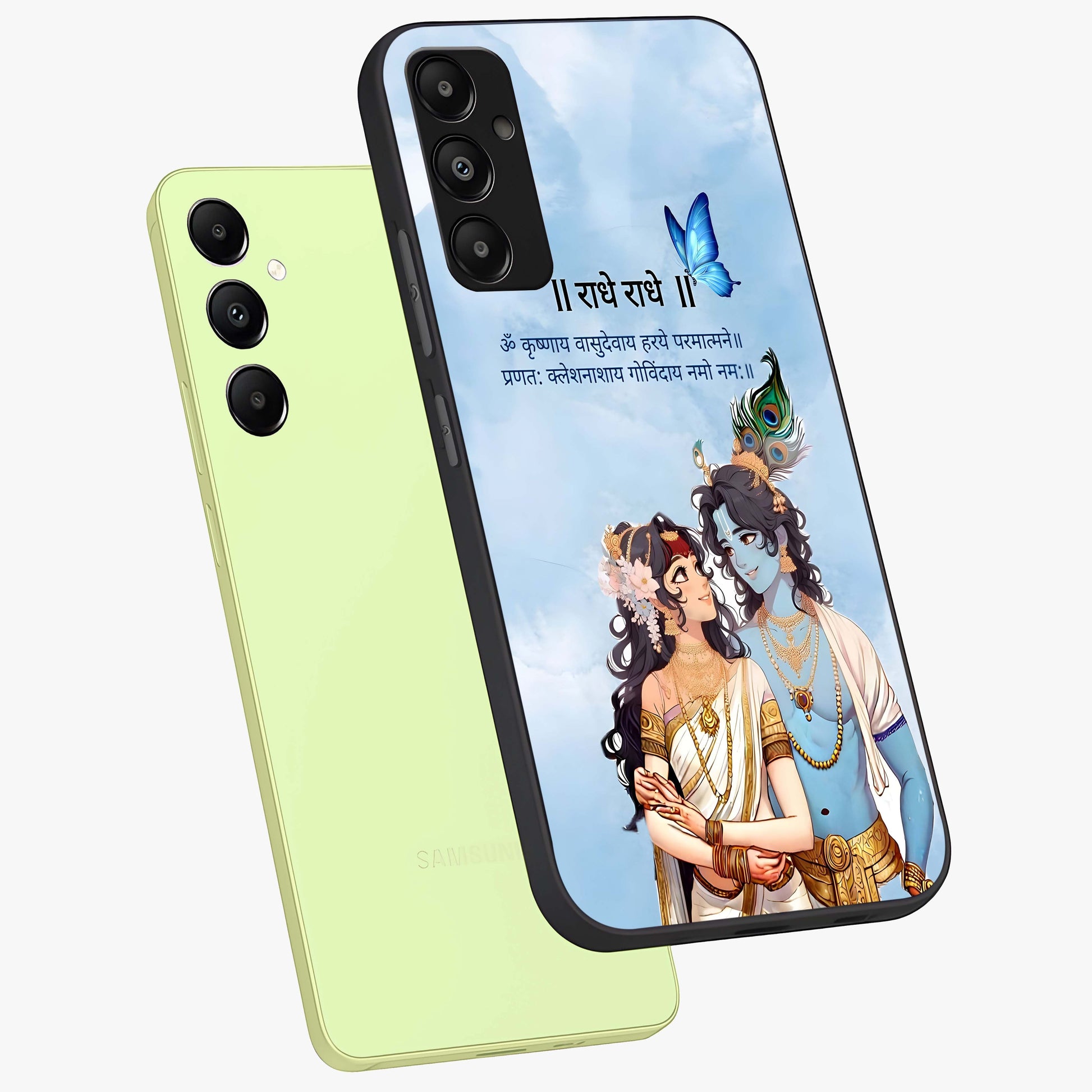 Radha Krishna Eternal Glass Case displayed in angled mockup highlighting divine Radha Krishna illustration with spiritual aesthetic.