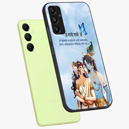 Radha Krishna Eternal Glass Case displayed in angled mockup highlighting divine Radha Krishna illustration with spiritual aesthetic.