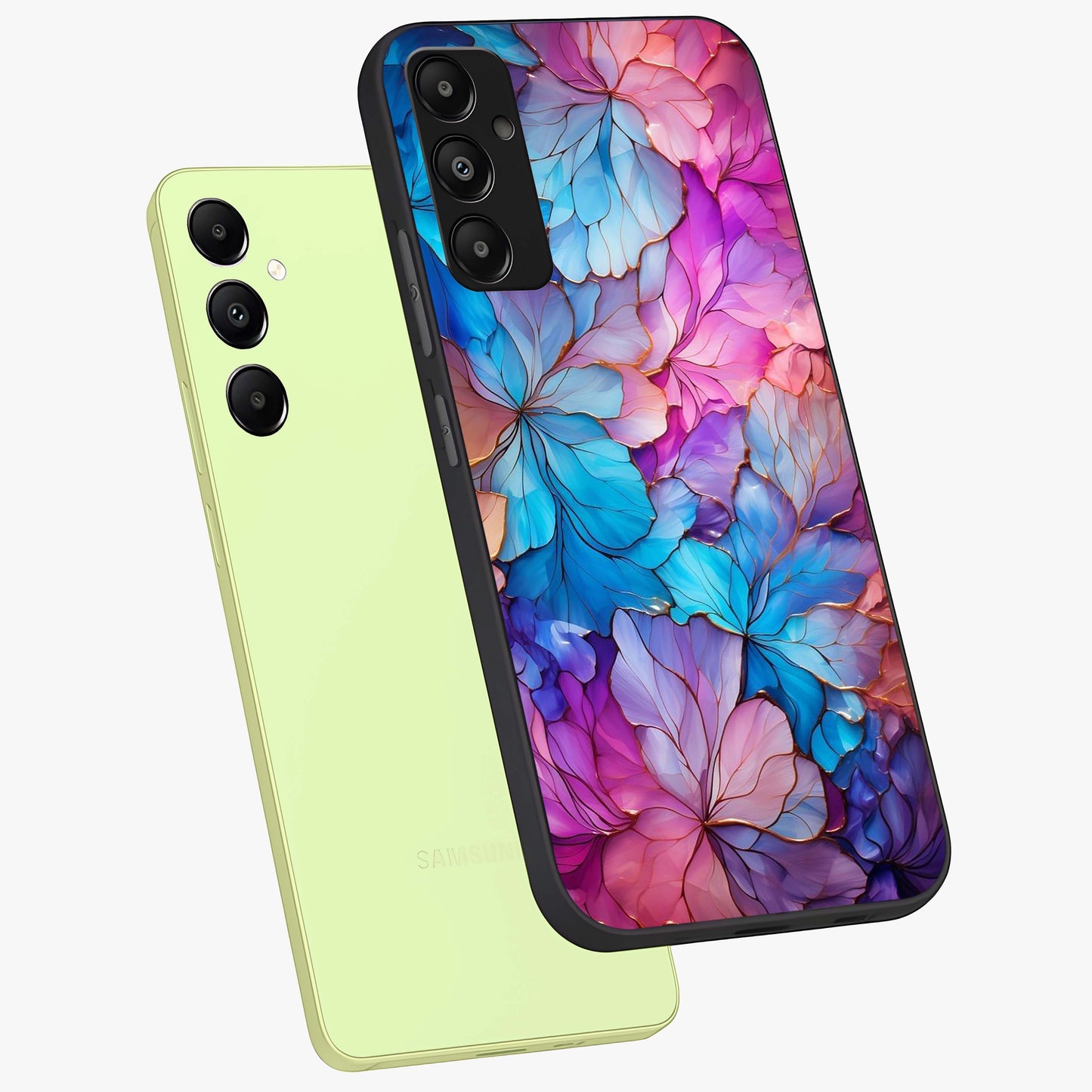 Radiant Floral Whirl Glass Case displayed in angled mockup highlighting vibrant flower pattern with dynamic artistic aesthetic.