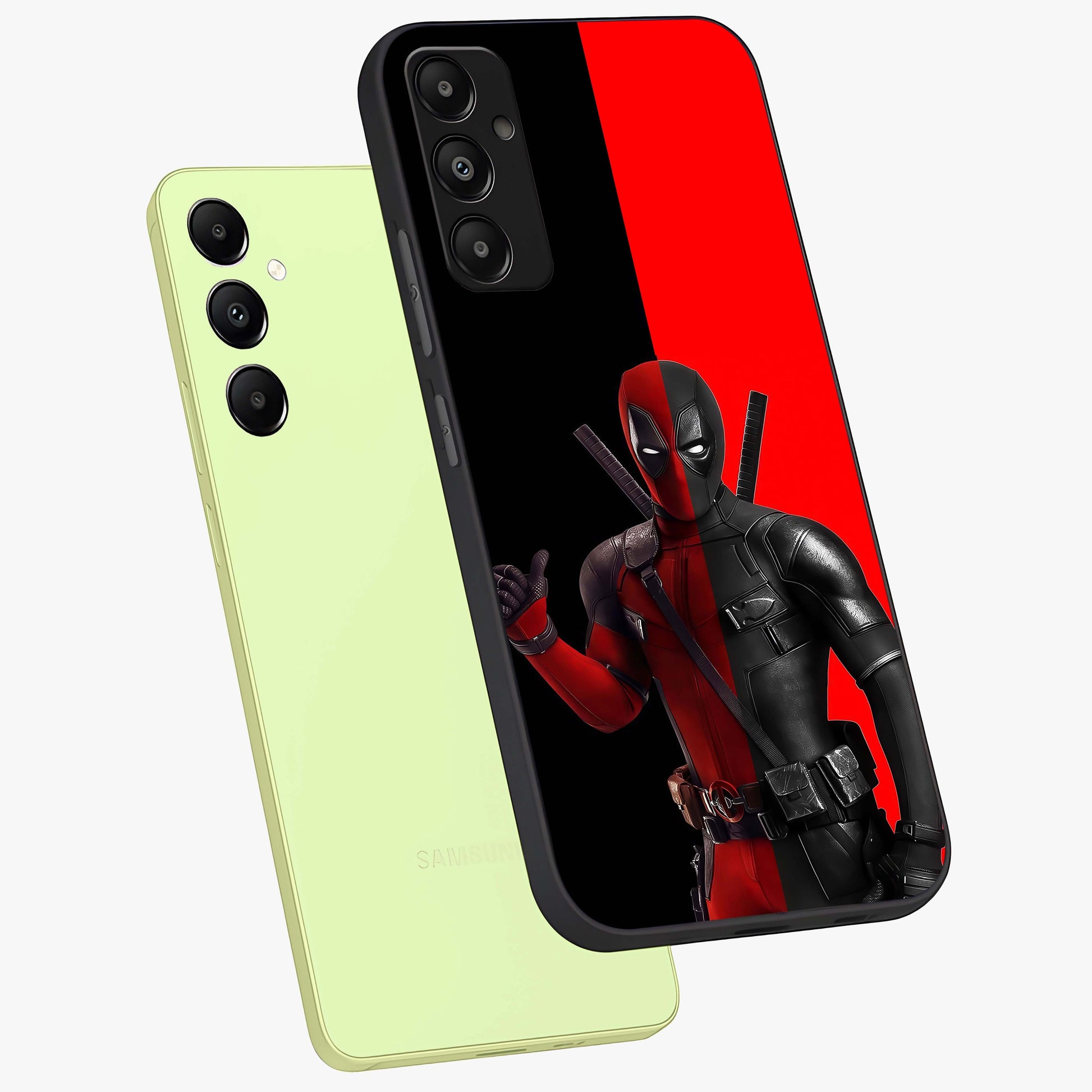 Red & Black Deadpool Theme Glass Case displayed in angled mockup highlighting vibrant superhero style illustration with action aesthetic.