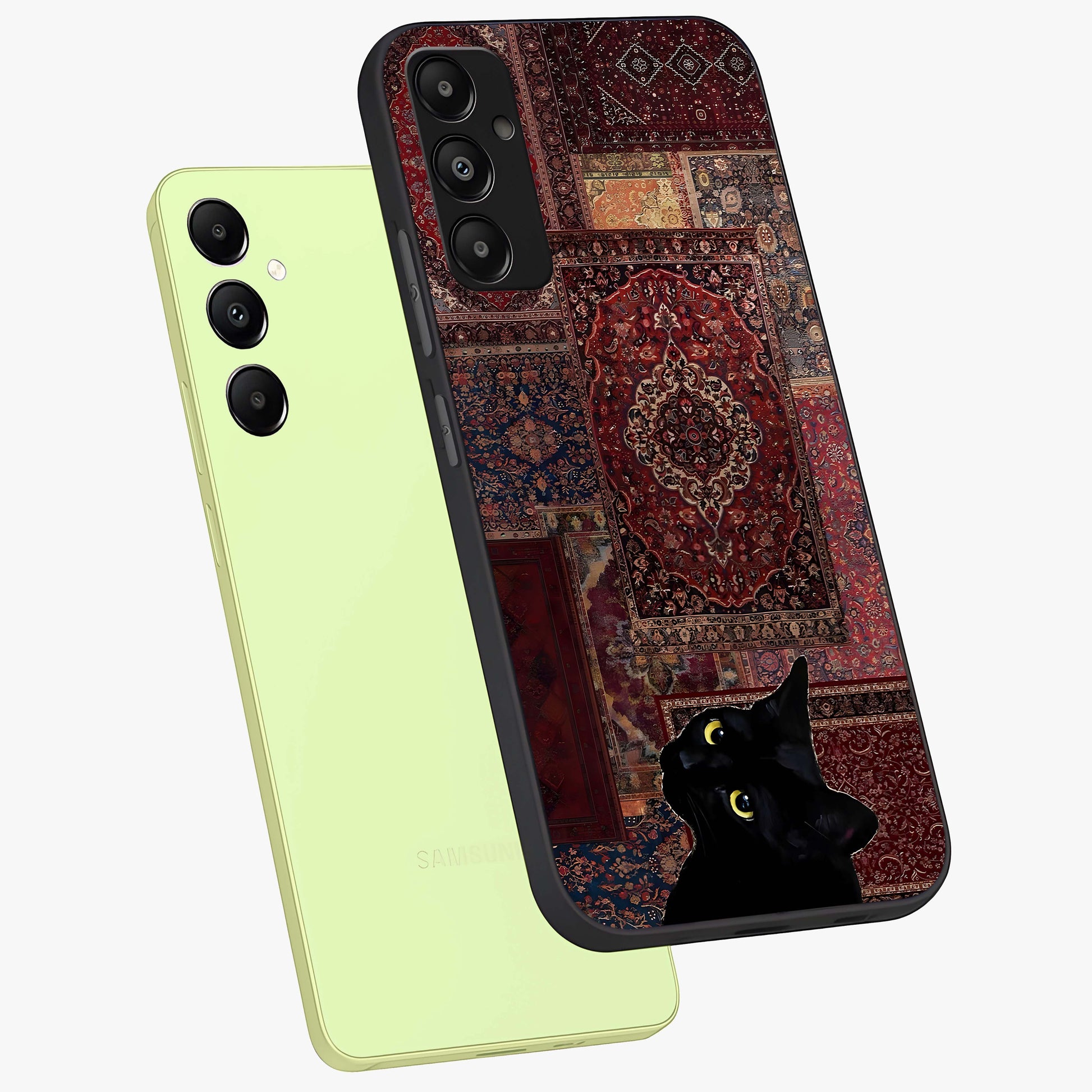 Regal Magic Cat Apple Glass Case displayed in angled mockup highlighting whimsical feline design with fantasy aesthetic.