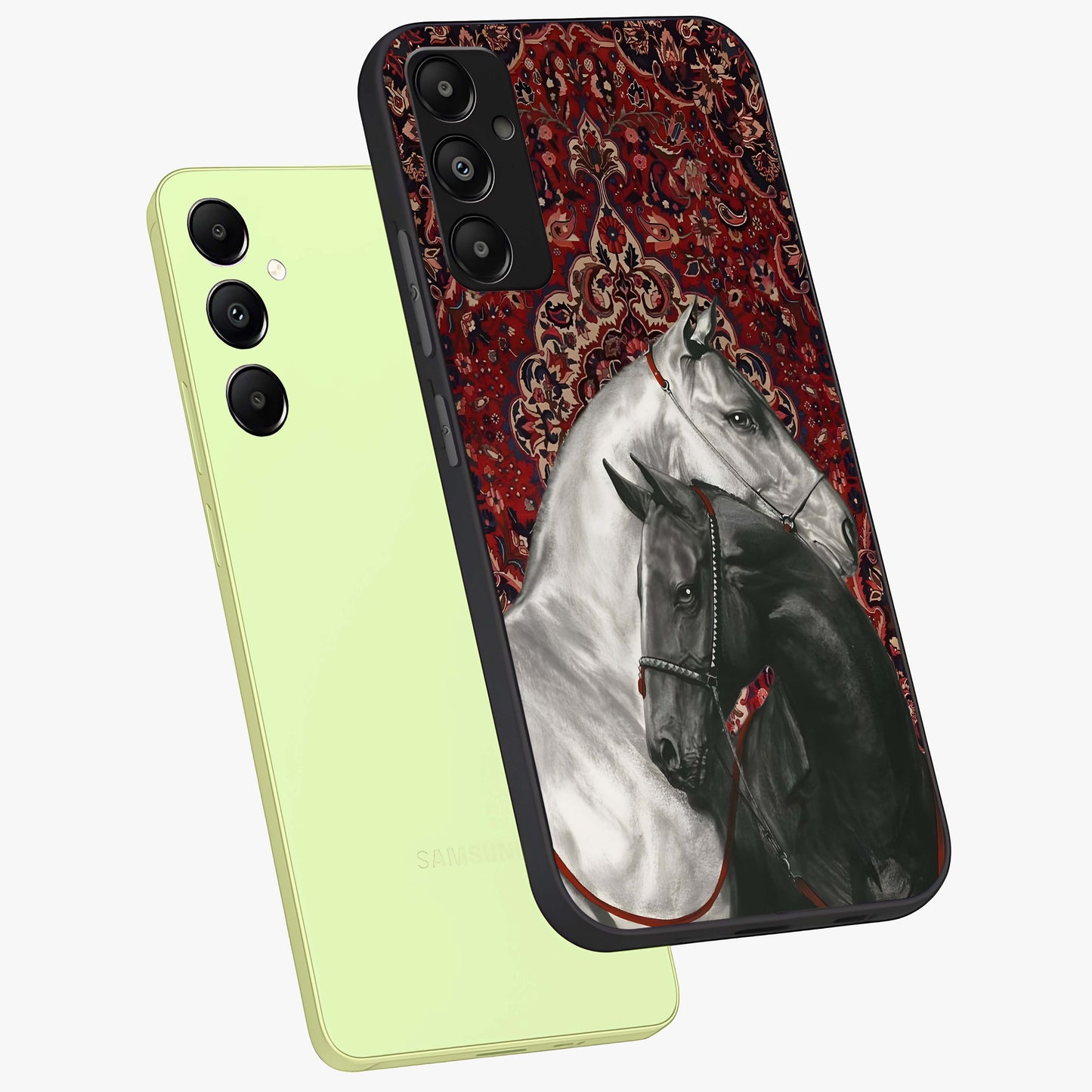 Regal Stallion Tapestry Glass Case displayed in angled mockup highlighting royal stallion design with decorative heritage aesthetic.