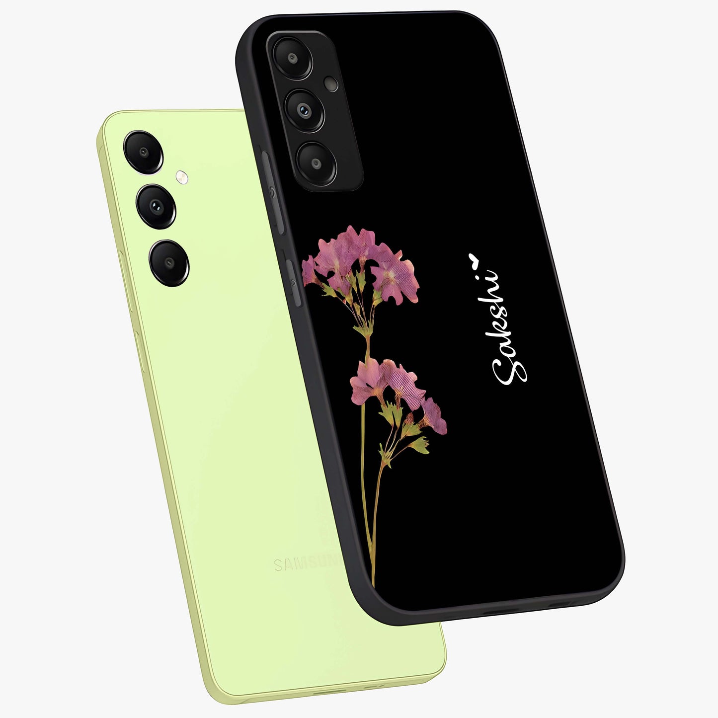 Riching Lavender Flower Custom Name Glass Case displayed in angled mockup highlighting delicate lavender flower design with custom name feature.