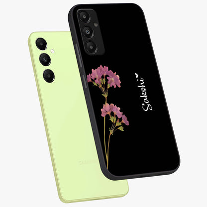 Riching Lavender Flower Custom Name Glass Case displayed in angled mockup highlighting delicate lavender flower design with custom name feature.