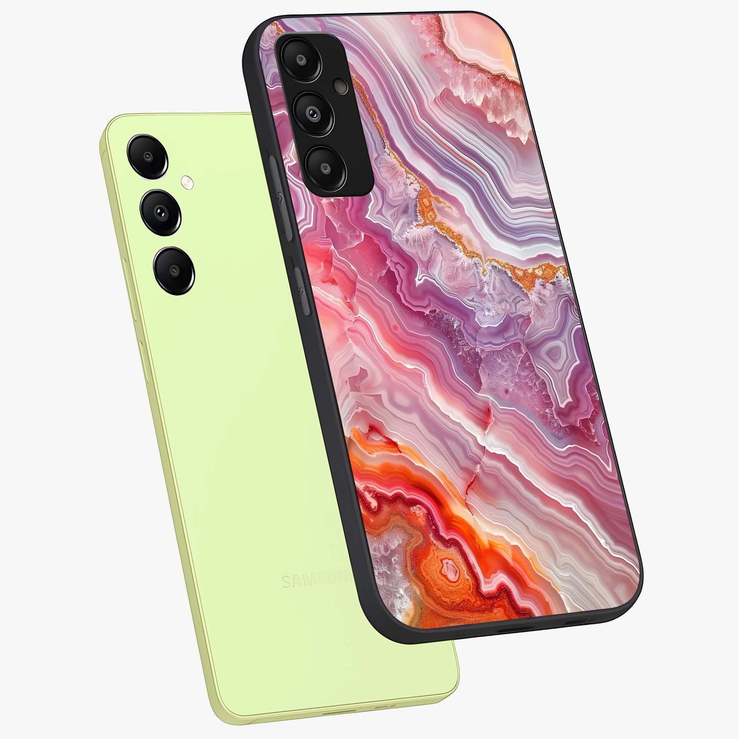 Rose Quartz Marble Glass Case displayed in angled mockup highlighting elegant marble pattern with soft aesthetic style.