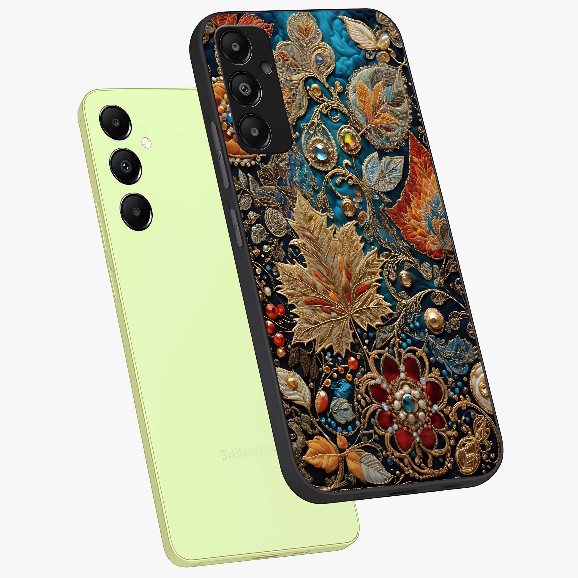 Royal Jewel Garden Glass Case displayed in angled mockup highlighting vibrant jewel inspired floral design with elegant aesthetic.