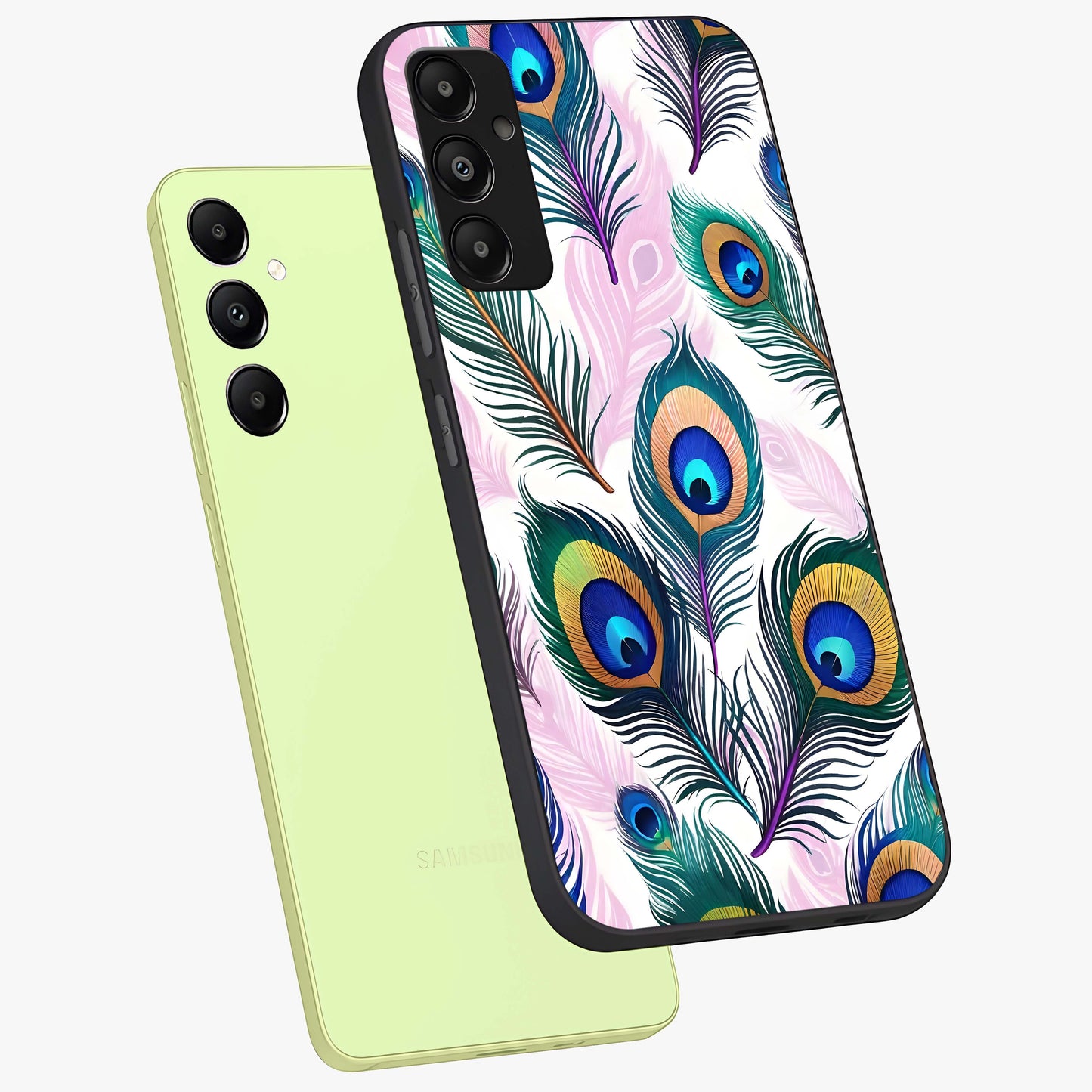 Royal Peacock Feathers Glass Case displayed in angled mockup highlighting vibrant feather pattern with regal aesthetic style.