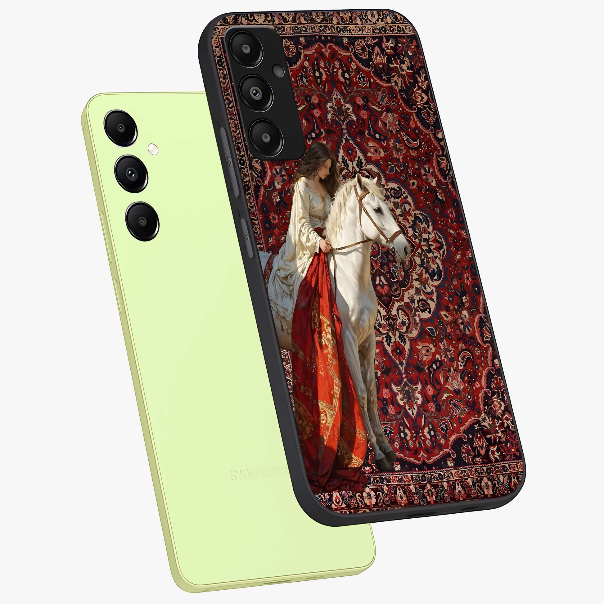 Royal Rider Tapestry Glass Case displayed in angled mockup highlighting traditional tapestry design with royal heritage aesthetic.