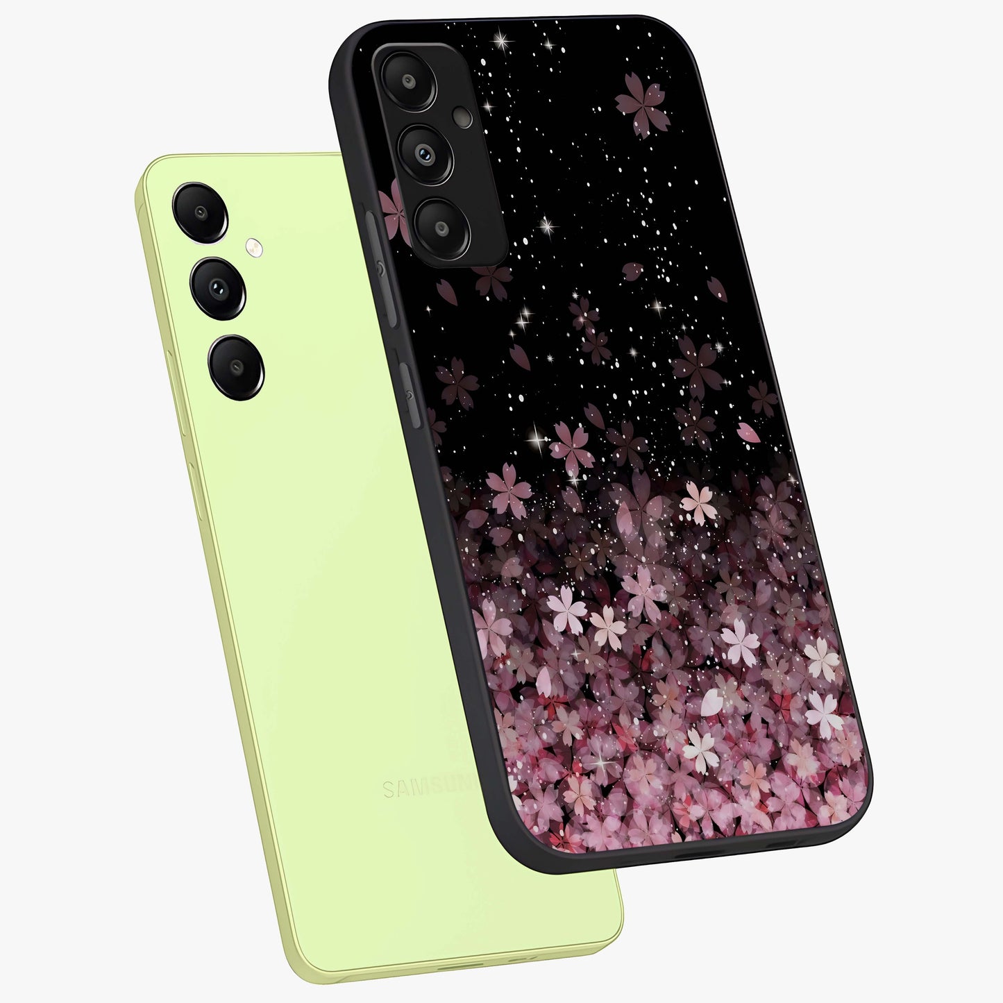 Small Starry Flowers Glass Case displayed in angled mockup highlighting tiny flower pattern with celestial aesthetic style.