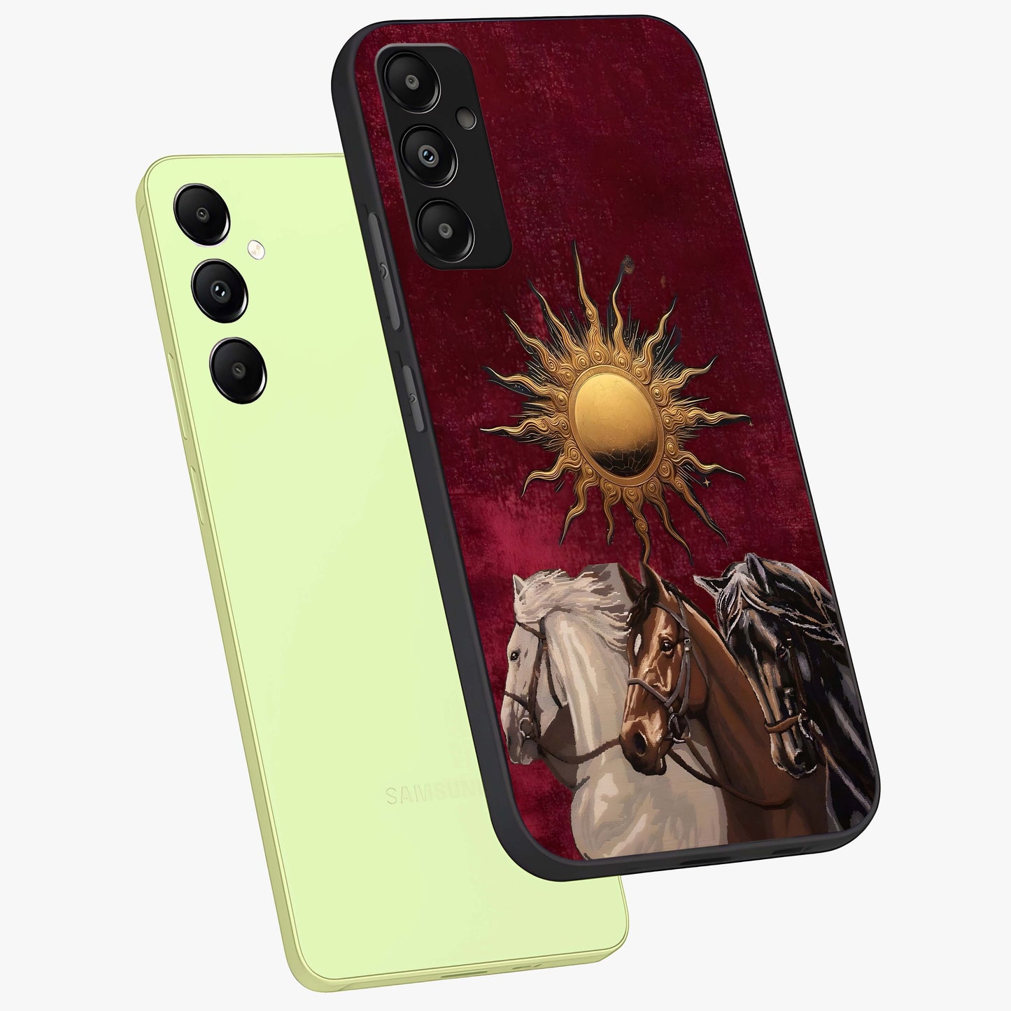 Solar Riders Glass Case displayed in angled mockup highlighting powerful rider illustration with radiant solar aesthetic.