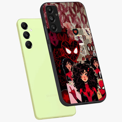 Spider Love Story Glass Case displayed in angled mockup highlighting expressive comic inspired design with playful aesthetic.