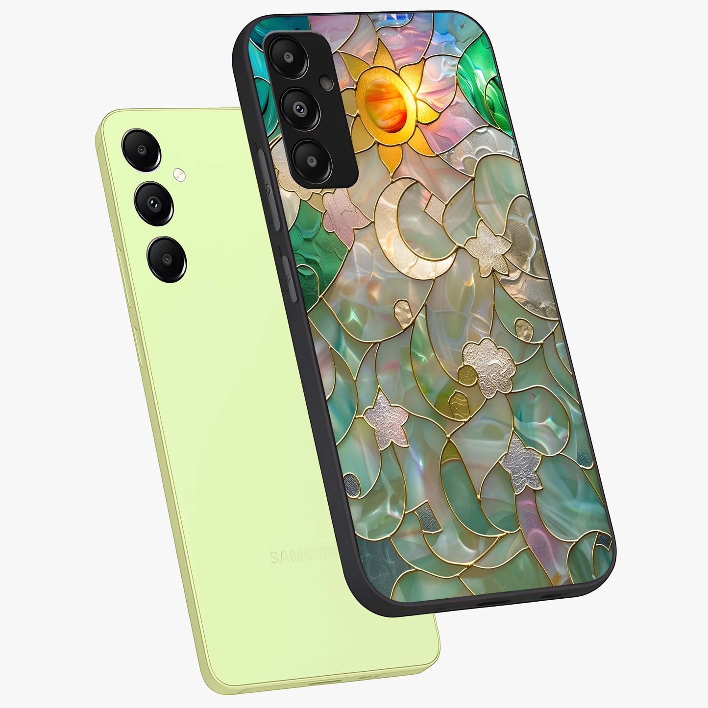 Stained Sunrise Glow Glass Case displayed in angled mockup highlighting radiant sunrise design with artistic aesthetic style.