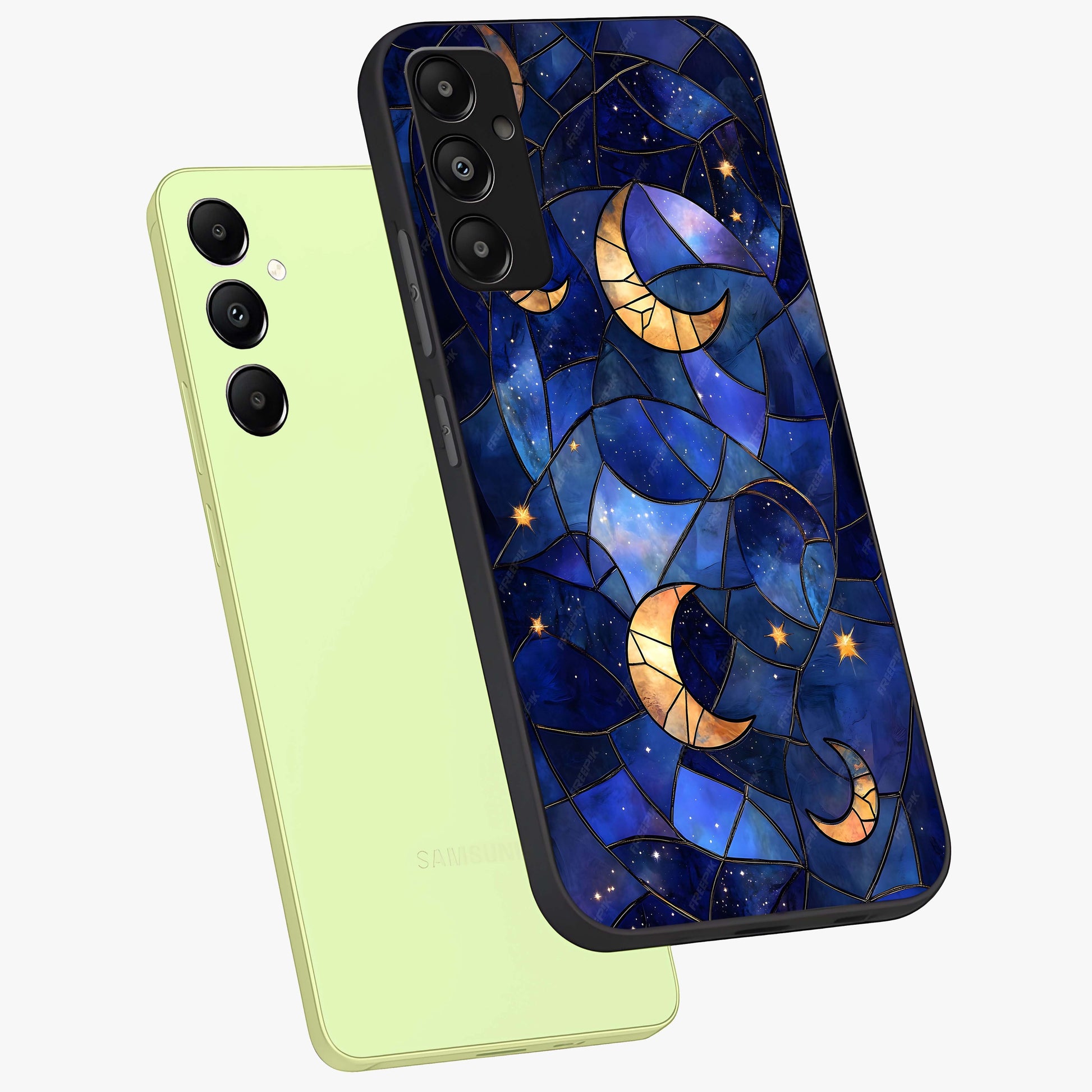 Starlit Sky Tapestry Glass Case displayed in angled mockup highlighting celestial night pattern with artistic aesthetic style.