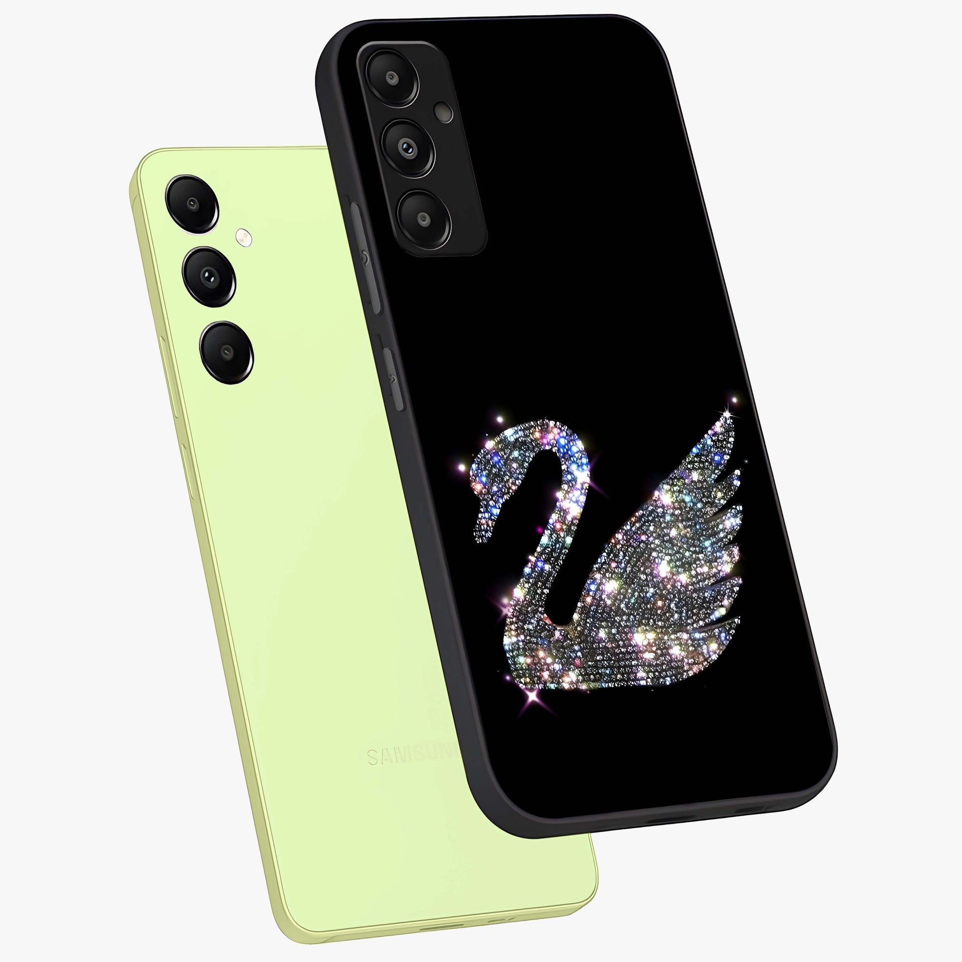 Starlit Swan Grace Glass Case displayed in angled mockup highlighting elegant swan illustration with dreamy celestial aesthetic.