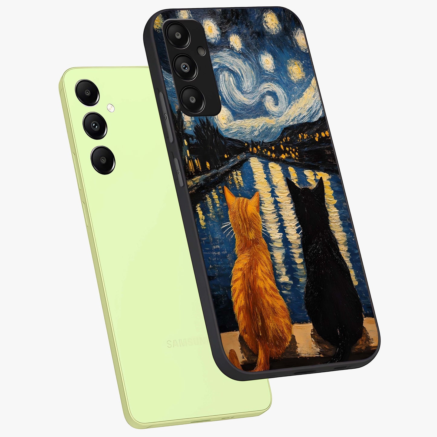 Starry River Cats Glass Case displayed in angled mockup highlighting charming feline illustration with dreamy night aesthetic.