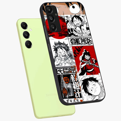 Strawhat Chaos Panels Glass Case displayed in angled mockup highlighting vibrant anime collage design with action aesthetic.